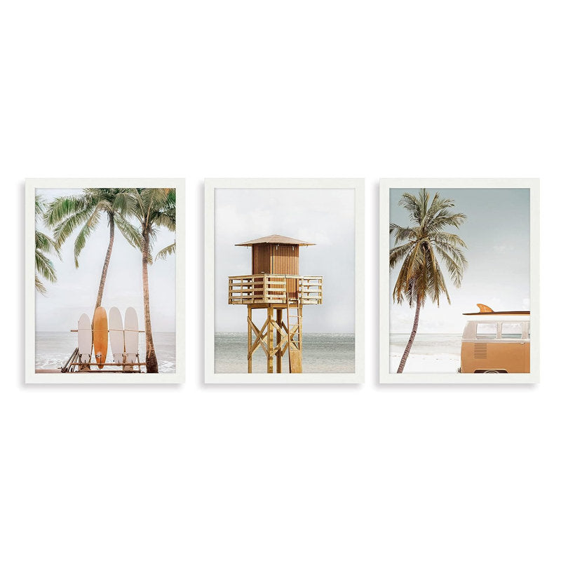 Coastal Beach Wall Art Decor - Multicolor Oil Painting with Palm Trees and Lifeguard Tower