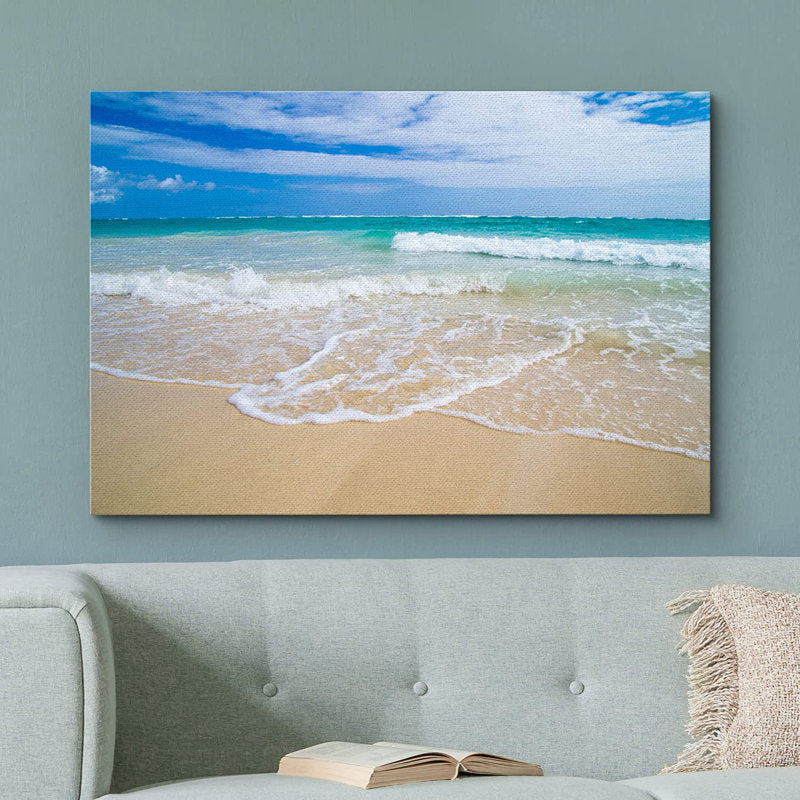Serene Coastal Beach Oil Painting of Waves and Clear Blue Summer Sky