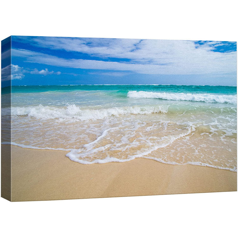 Serene Coastal Beach Oil Painting of Waves and Clear Blue Summer Sky