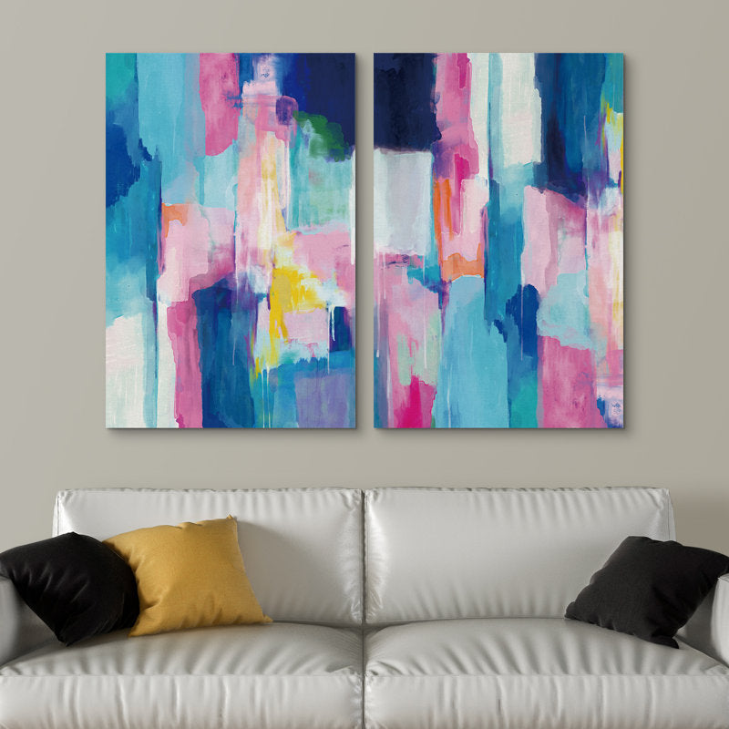 Vibrant Blue Pink Abstract Oil Painting Set | Modern Geometric Wall Art for Contemporary Decor