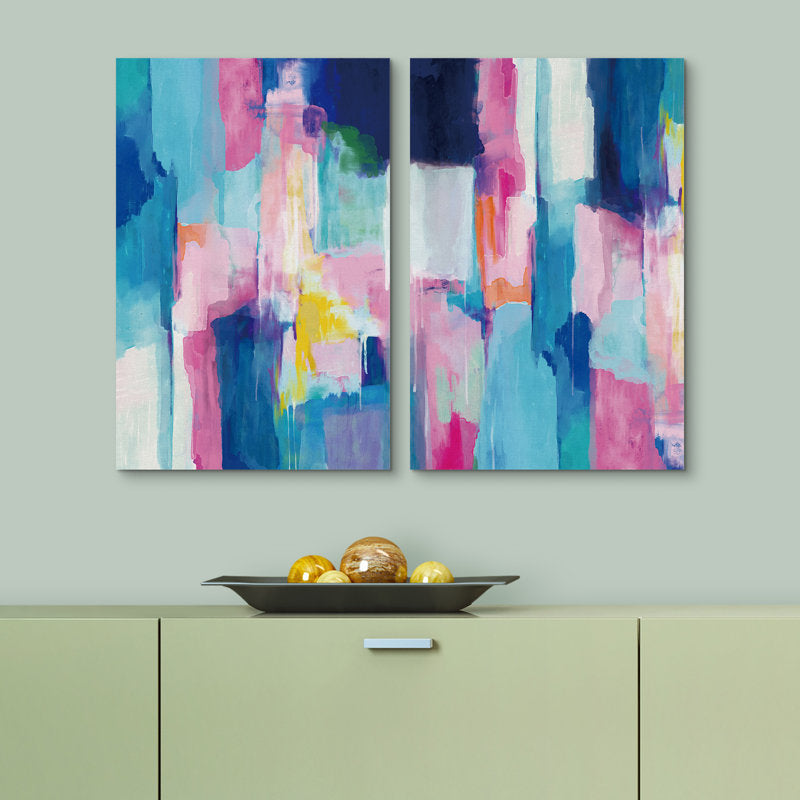 Vibrant Blue Pink Abstract Oil Painting Set | Modern Geometric Wall Art for Contemporary Decor