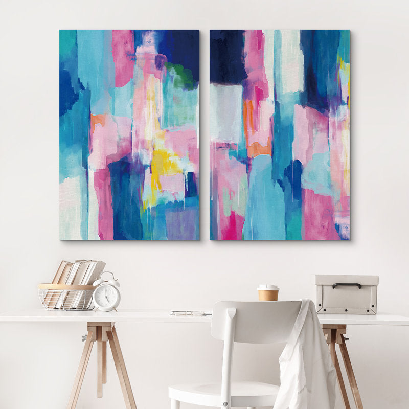Vibrant Blue Pink Abstract Oil Painting Set | Modern Geometric Wall Art for Contemporary Decor
