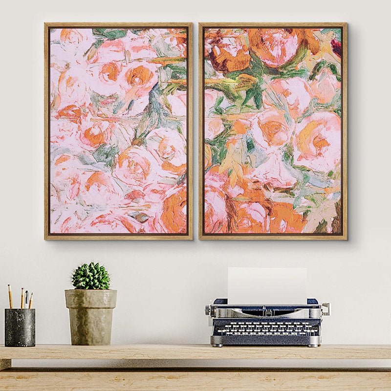 Vibrant Floral Oil Painting Duo with Colorful Brushstrokes and Pastel Hues