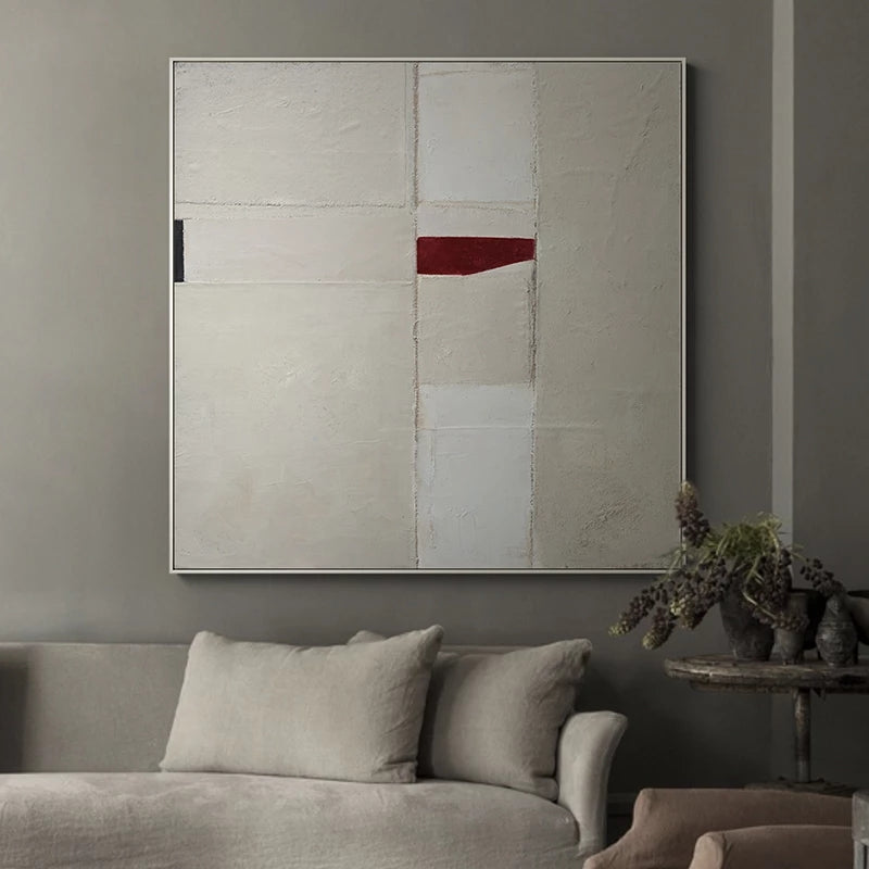 Abstract Oil Painting with Red Accent and Soft Neutral Tones for Modern Decor