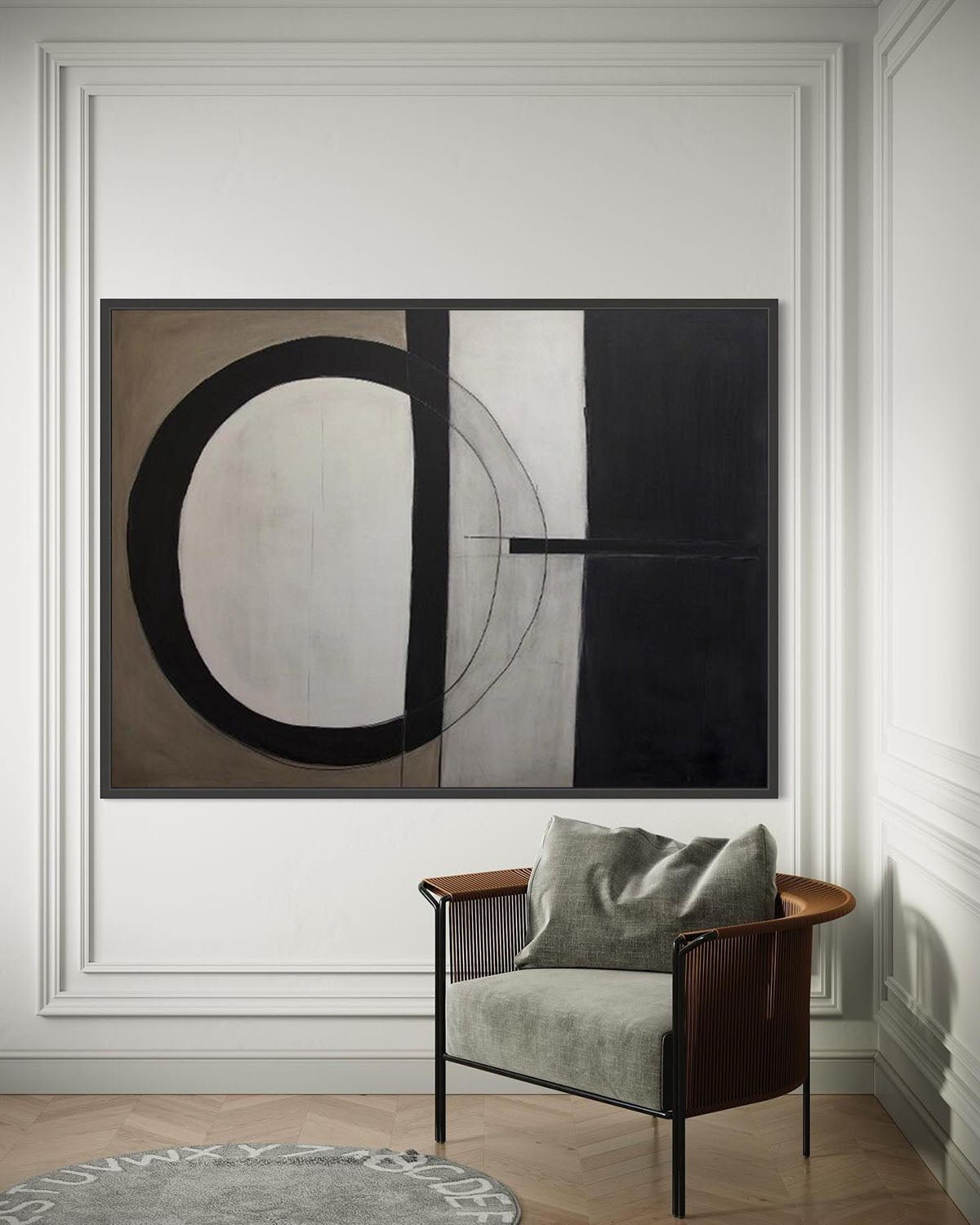 Modern Abstract Oil Painting with Geometric Shapes in Black and White