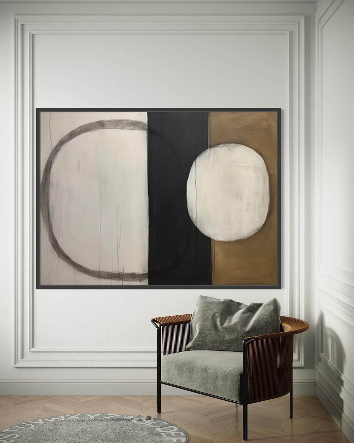Contemporary Geometric Oil Painting with Abstract Circle and Line Design