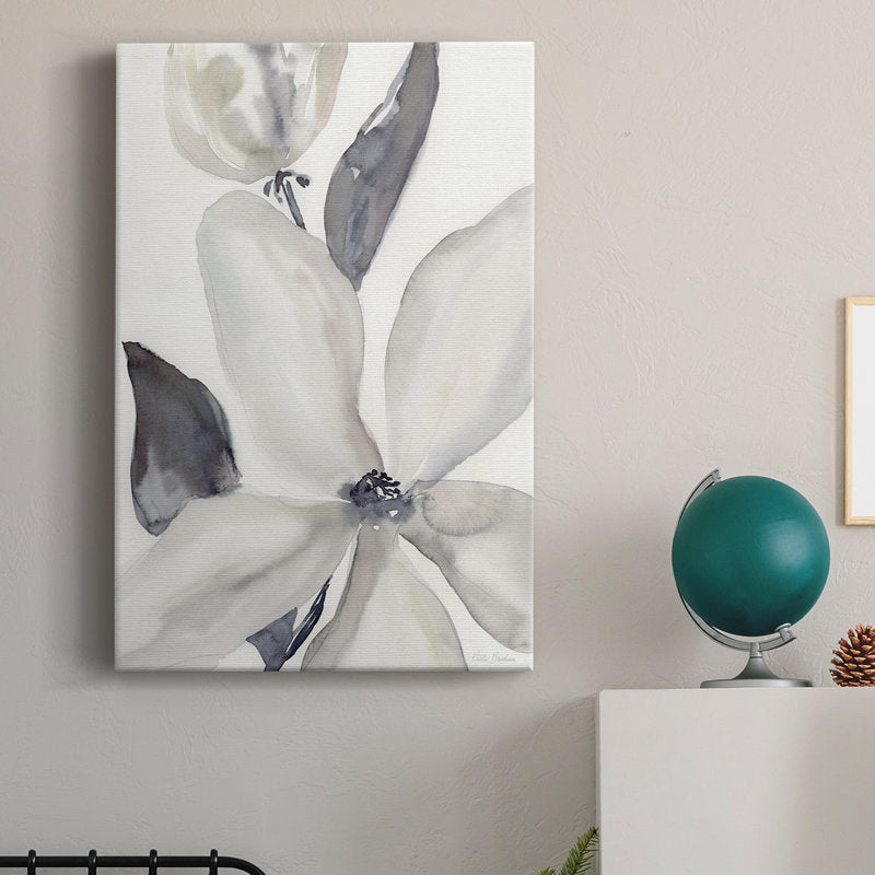 Serene Floral Oil Painting - Elegant Daybreak Bloom in Soft Gray and White Tones
