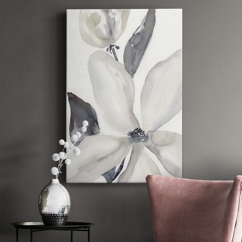 Serene Floral Oil Painting - Elegant Daybreak Bloom in Soft Gray and White Tones