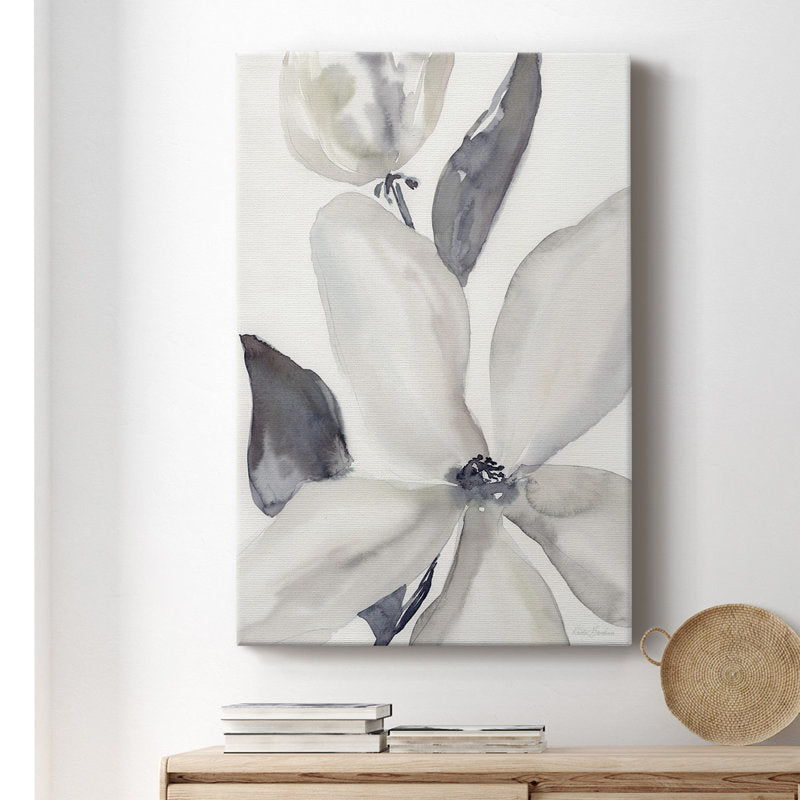 Serene Floral Oil Painting - Elegant Daybreak Bloom in Soft Gray and White Tones