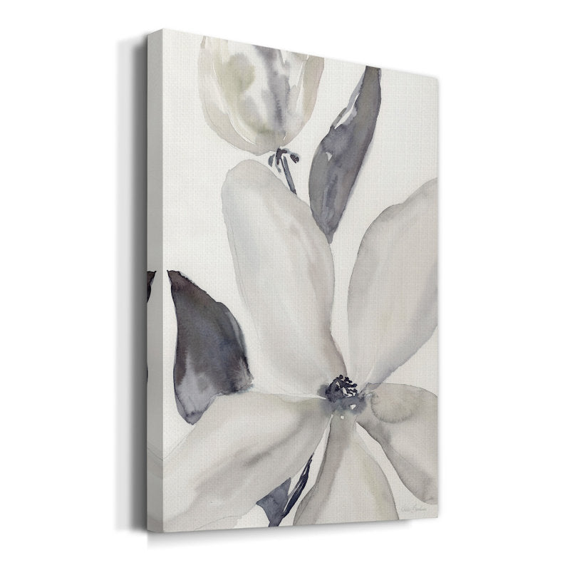 Serene Floral Oil Painting - Elegant Daybreak Bloom in Soft Gray and White Tones