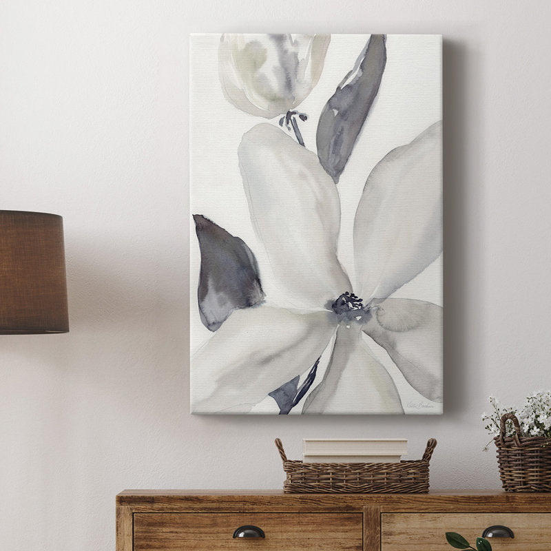 Serene Floral Oil Painting - Elegant Daybreak Bloom in Soft Gray and White Tones