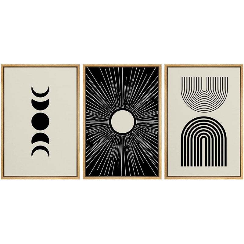 Geometric Crescent Moon and Sun Trio Canvas Art for Modern Home Decor