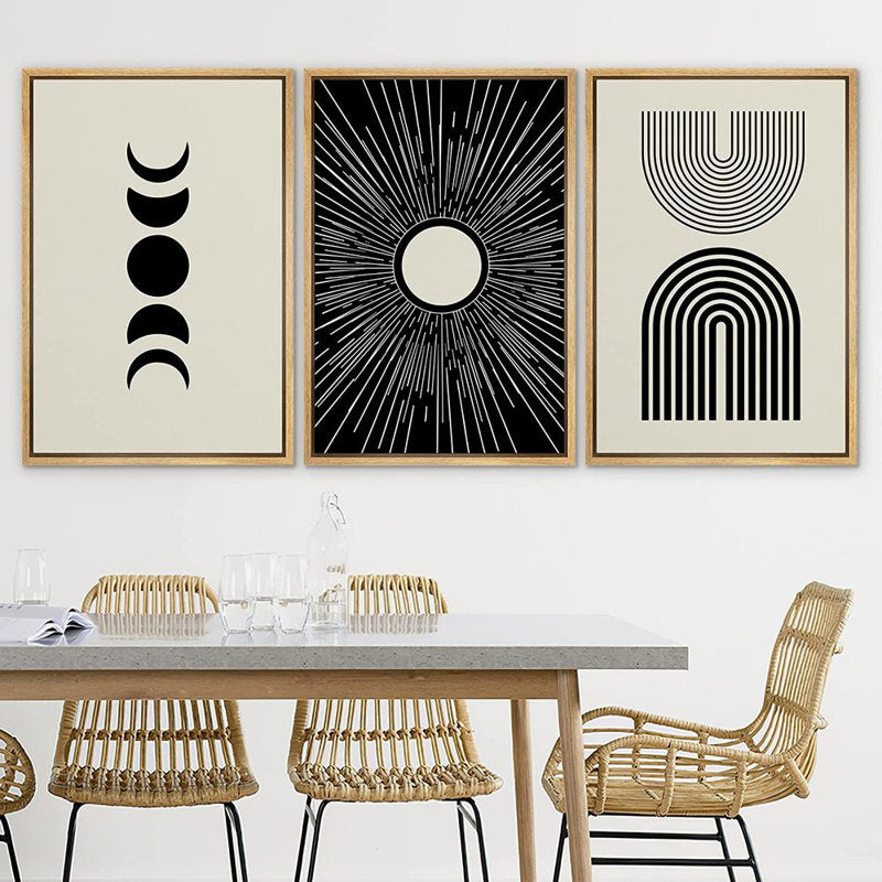 Geometric Crescent Moon and Sun Trio Canvas Art for Modern Home Decor