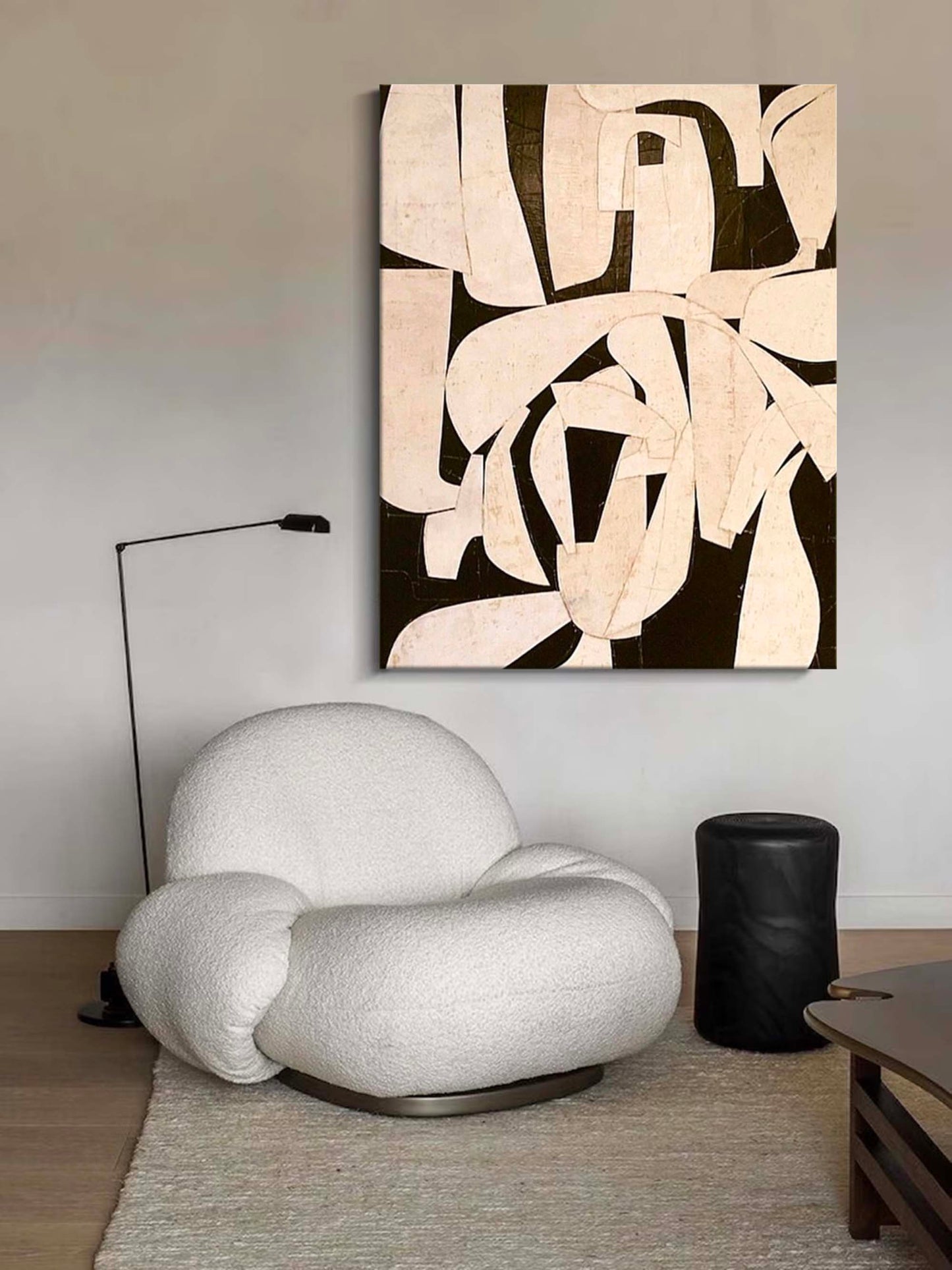 Contemporary Minimalist Black and White Abstract Oil Painting for Modern Décor