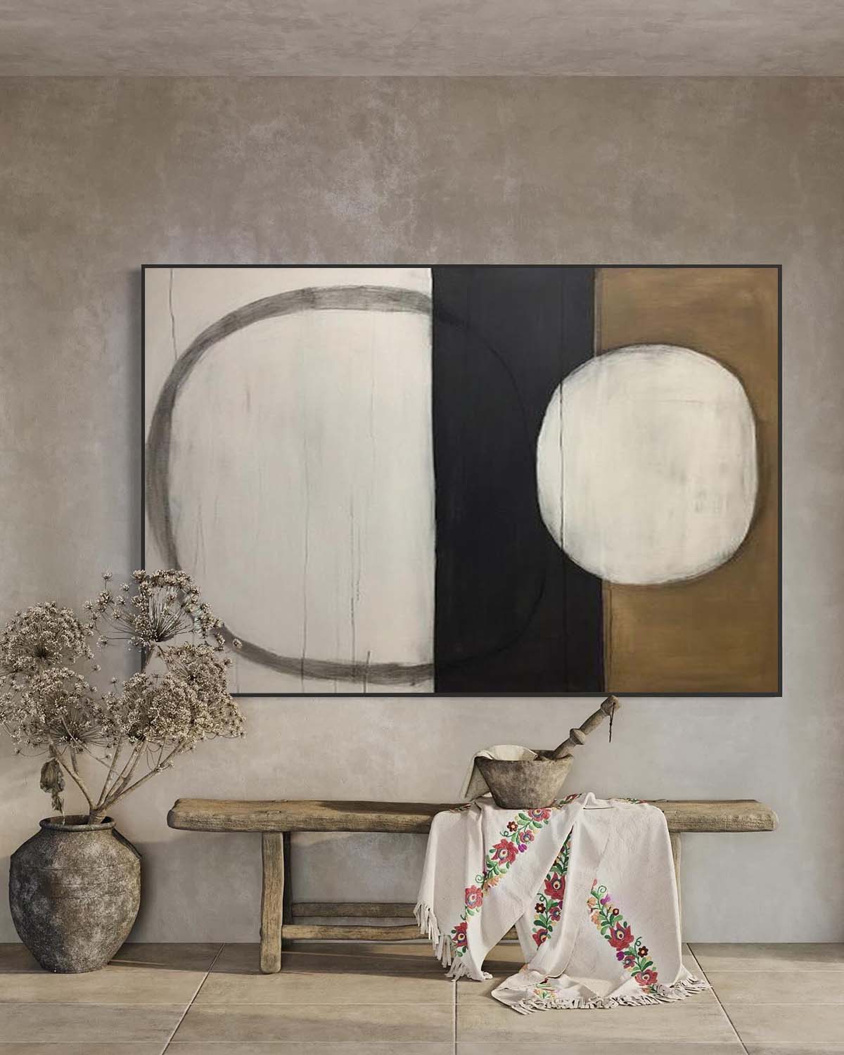 Contemporary Geometric Oil Painting with Abstract Circle and Line Design