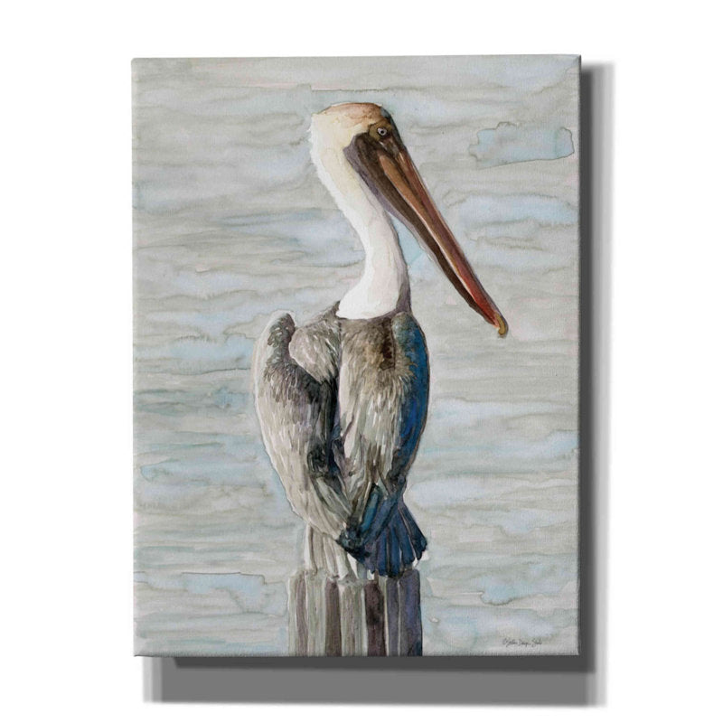 Elegant Oil Painting of a Brown Pelican in Coastal Serenity