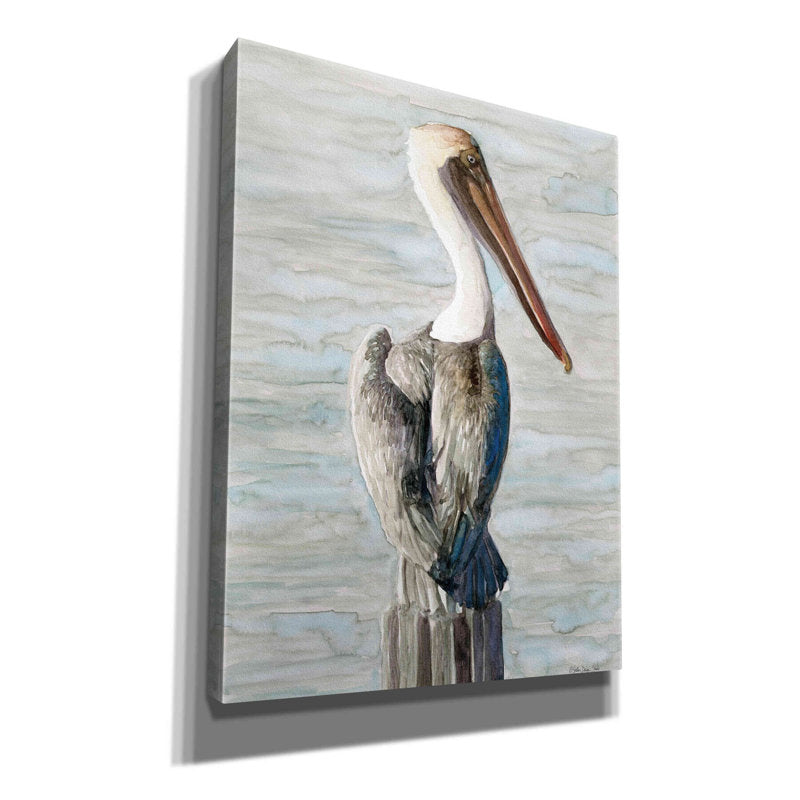 Elegant Oil Painting of a Brown Pelican in Coastal Serenity