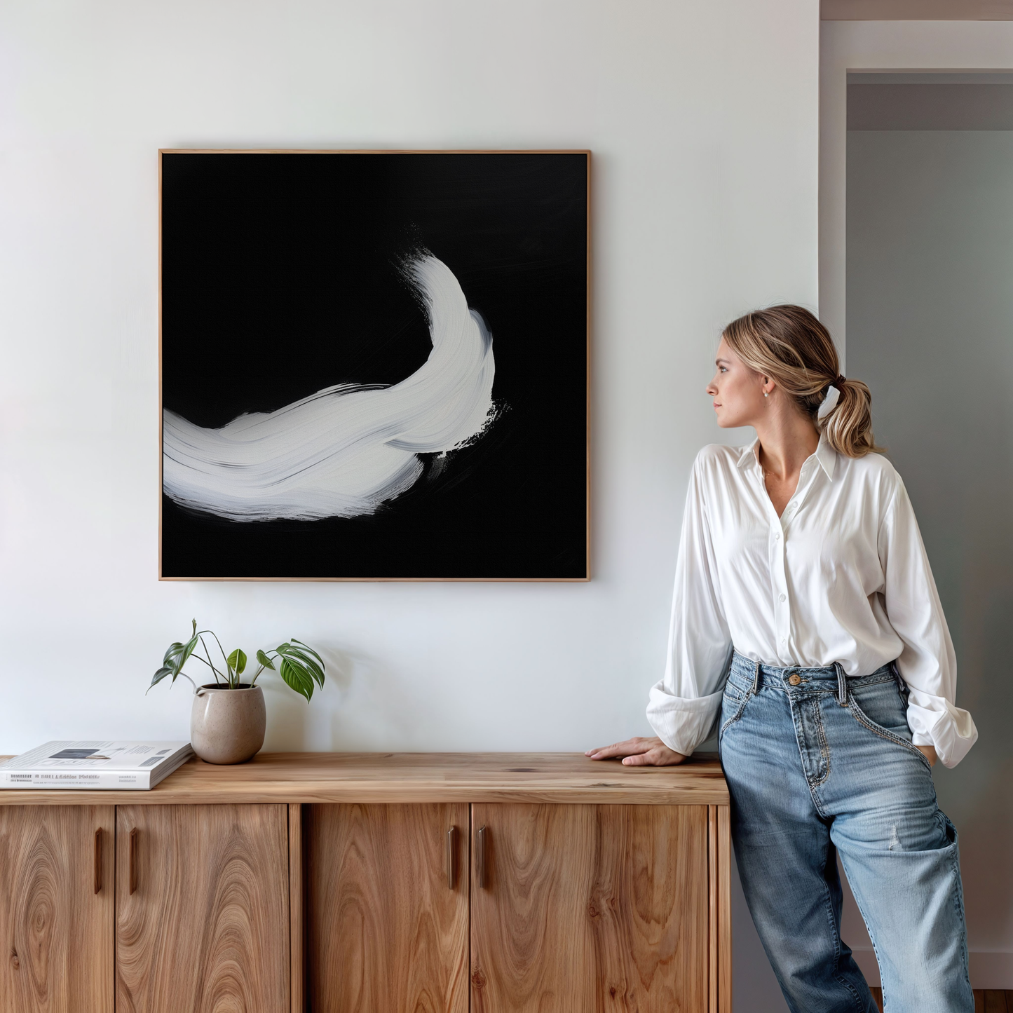 Contemporary Abstract Black and White Oil Painting for Modern Home Decor