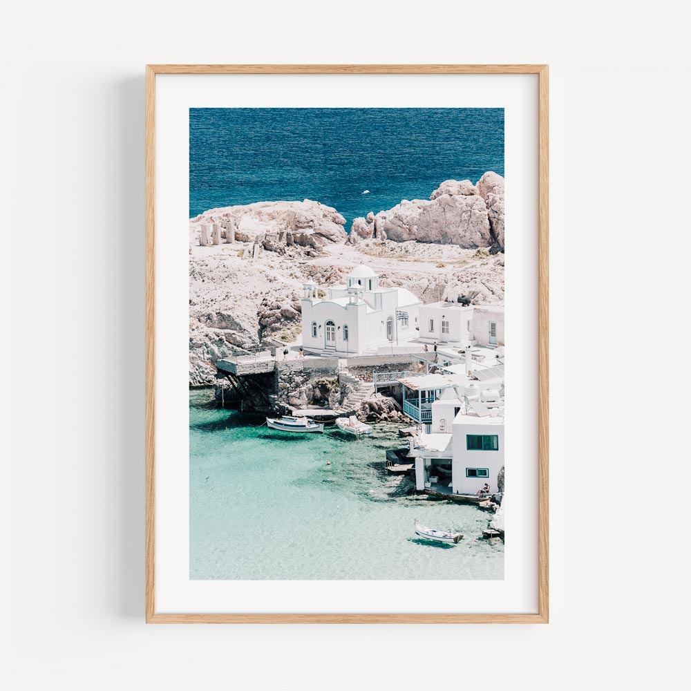 Serene Firopotamos Seaside Oil Painting of White Architecture and Crystal Waters