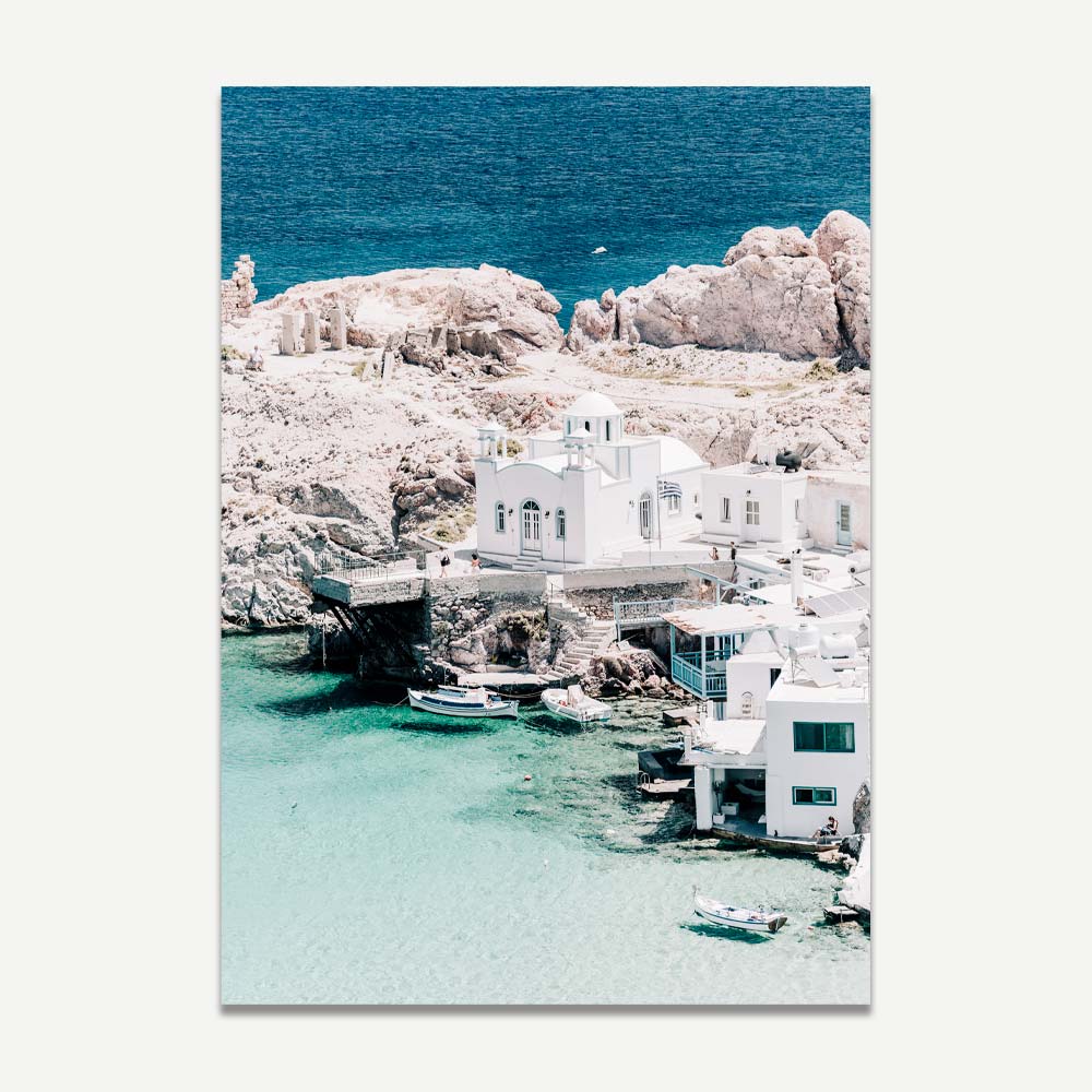 Serene Firopotamos Seaside Oil Painting of White Architecture and Crystal Waters