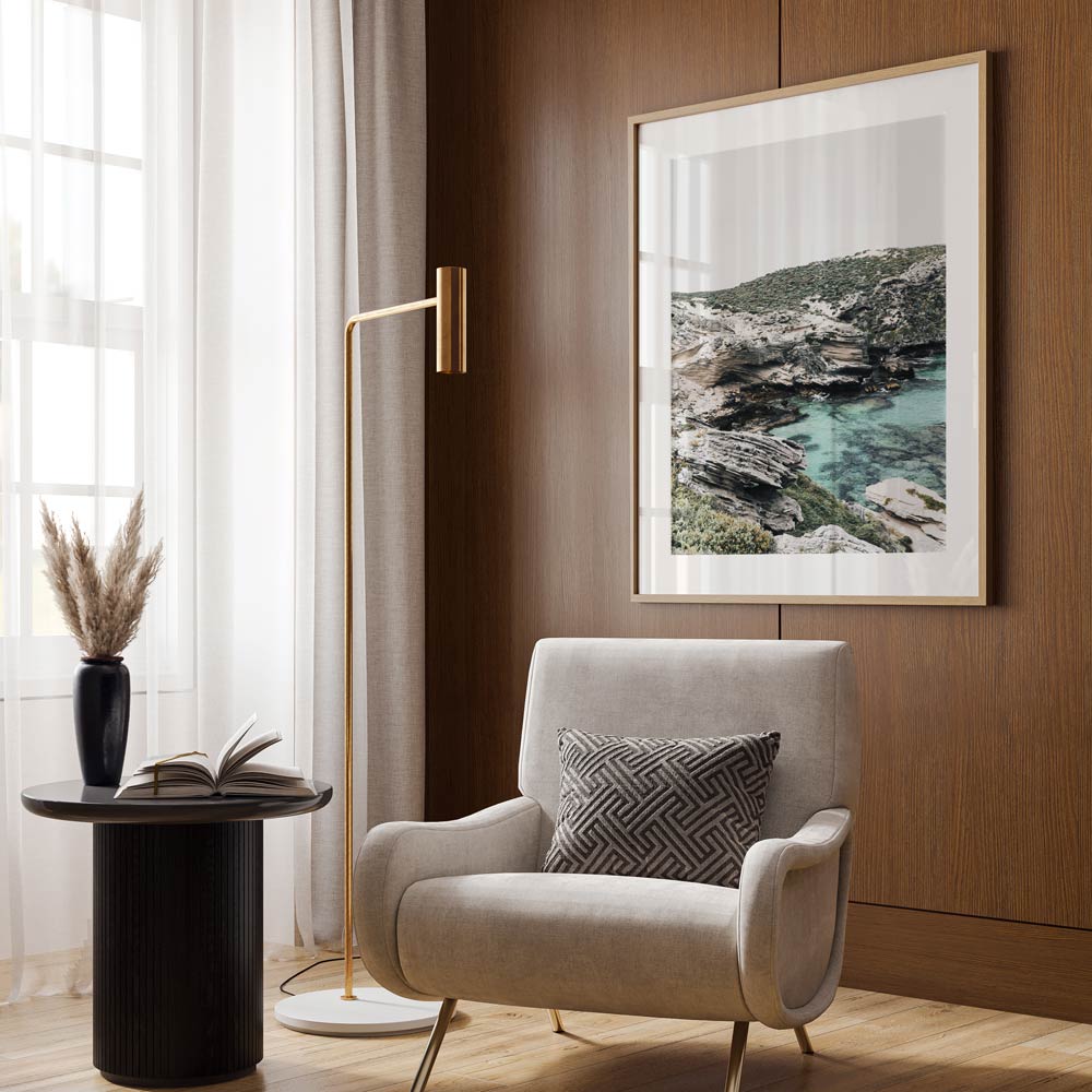 Serene Coastal Landscape with Crystal Clear Waters and Rugged Cliffs