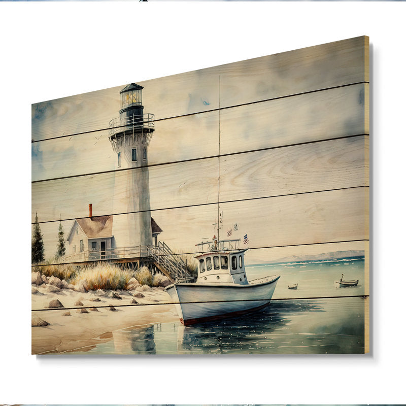 Coastal Serenity: Fishing Boat and Lighthouse Oil Painting