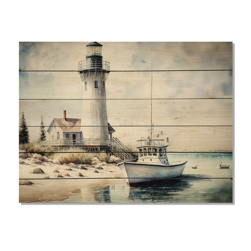 Coastal Serenity: Fishing Boat and Lighthouse Oil Painting