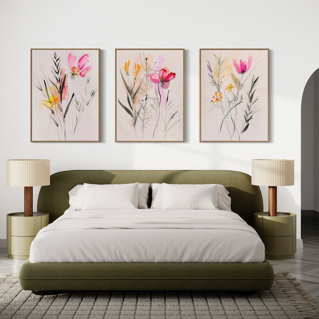 Vibrant Floral Triptych Oil Paintings for Elegant Home Décor