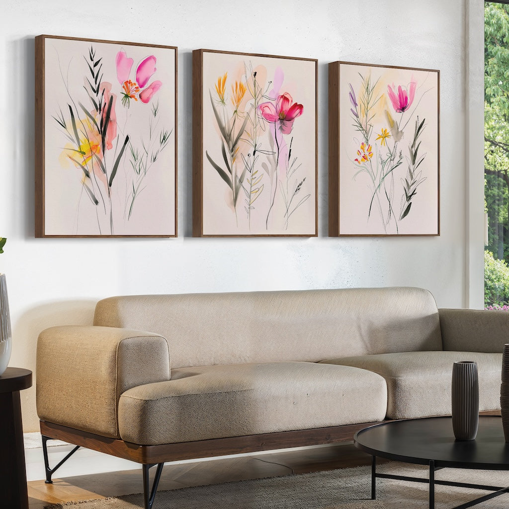 Vibrant Floral Triptych Oil Paintings for Elegant Home Décor