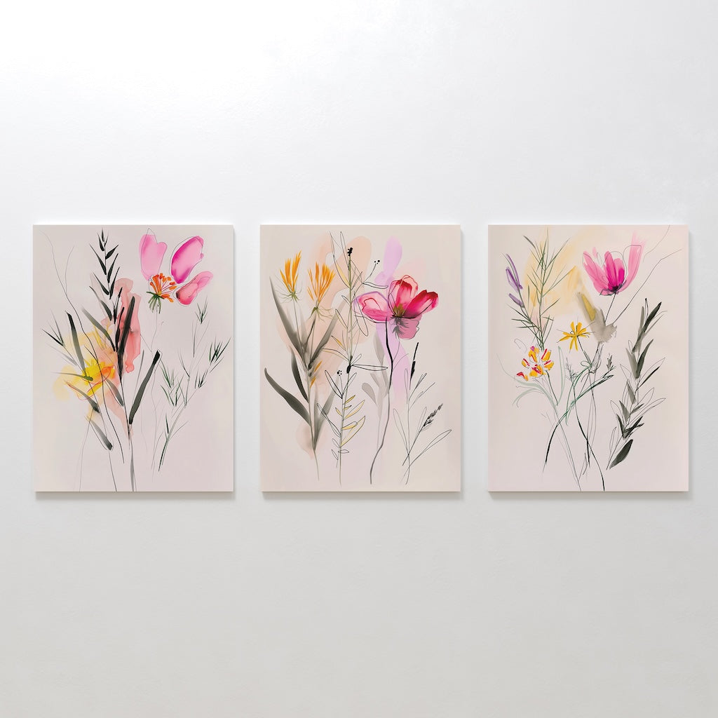 Vibrant Floral Triptych Oil Paintings for Elegant Home Décor