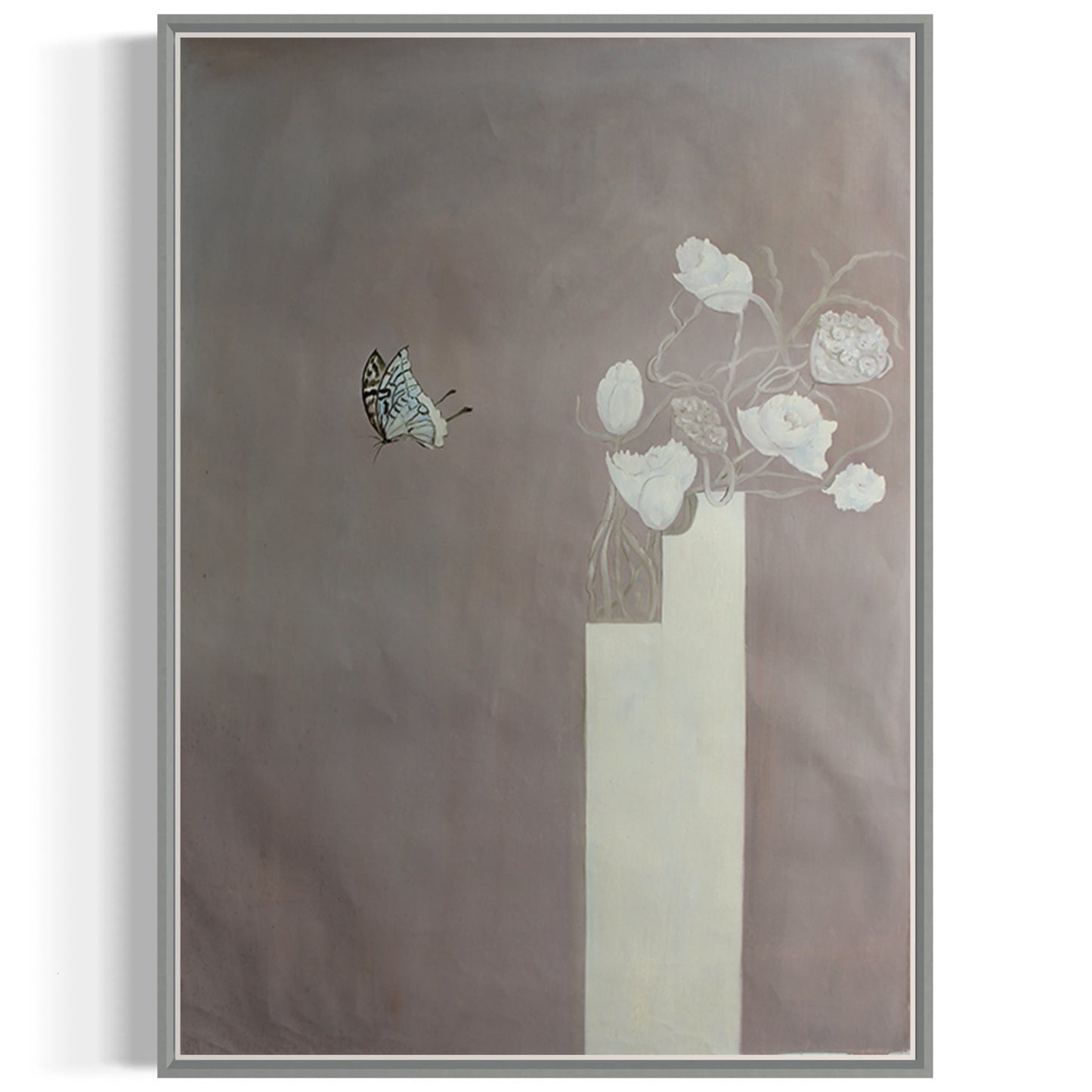 Elegant Floral Still Life with Butterfly in Soft Earth Tones Oil Painting