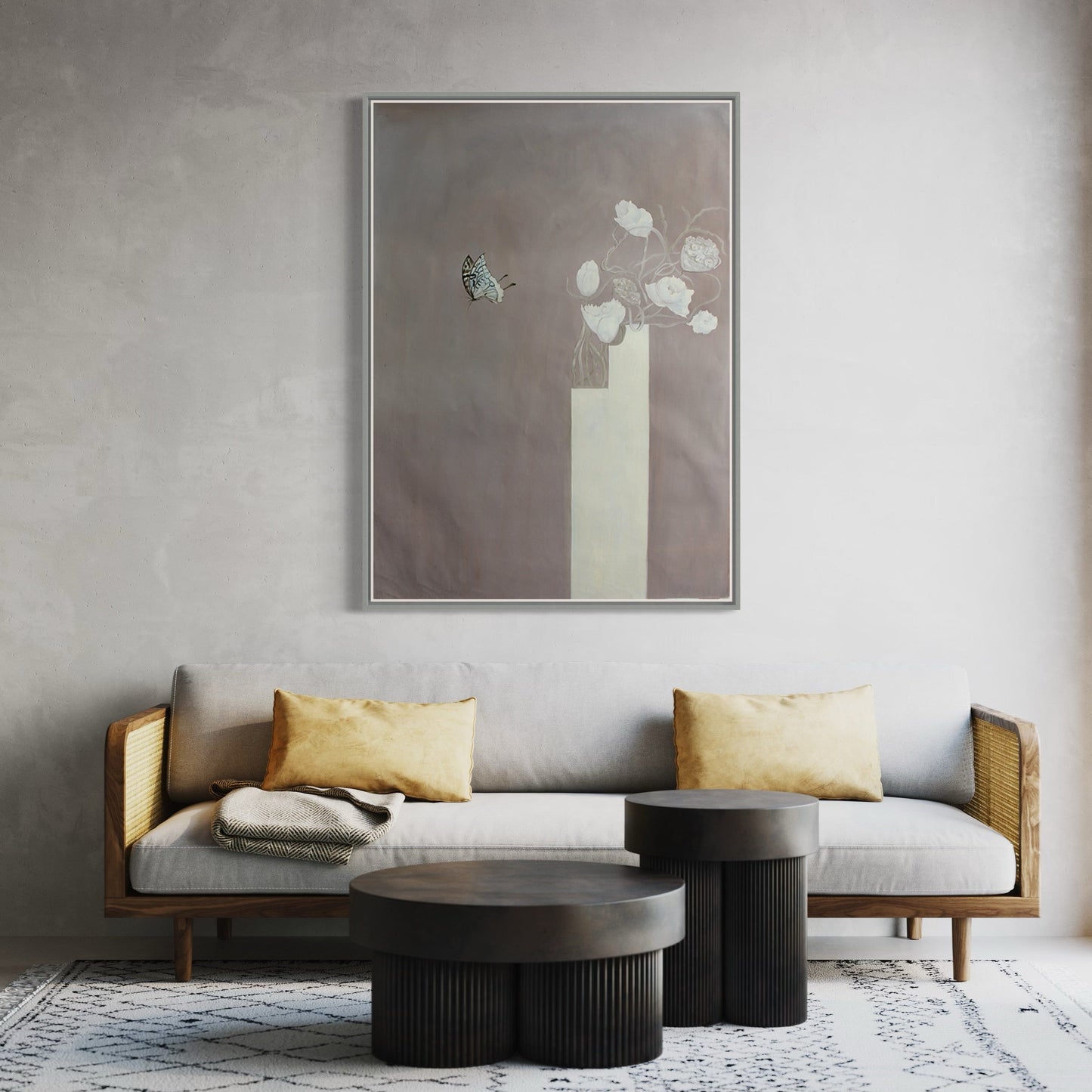 Elegant Floral Still Life with Butterfly in Soft Earth Tones Oil Painting