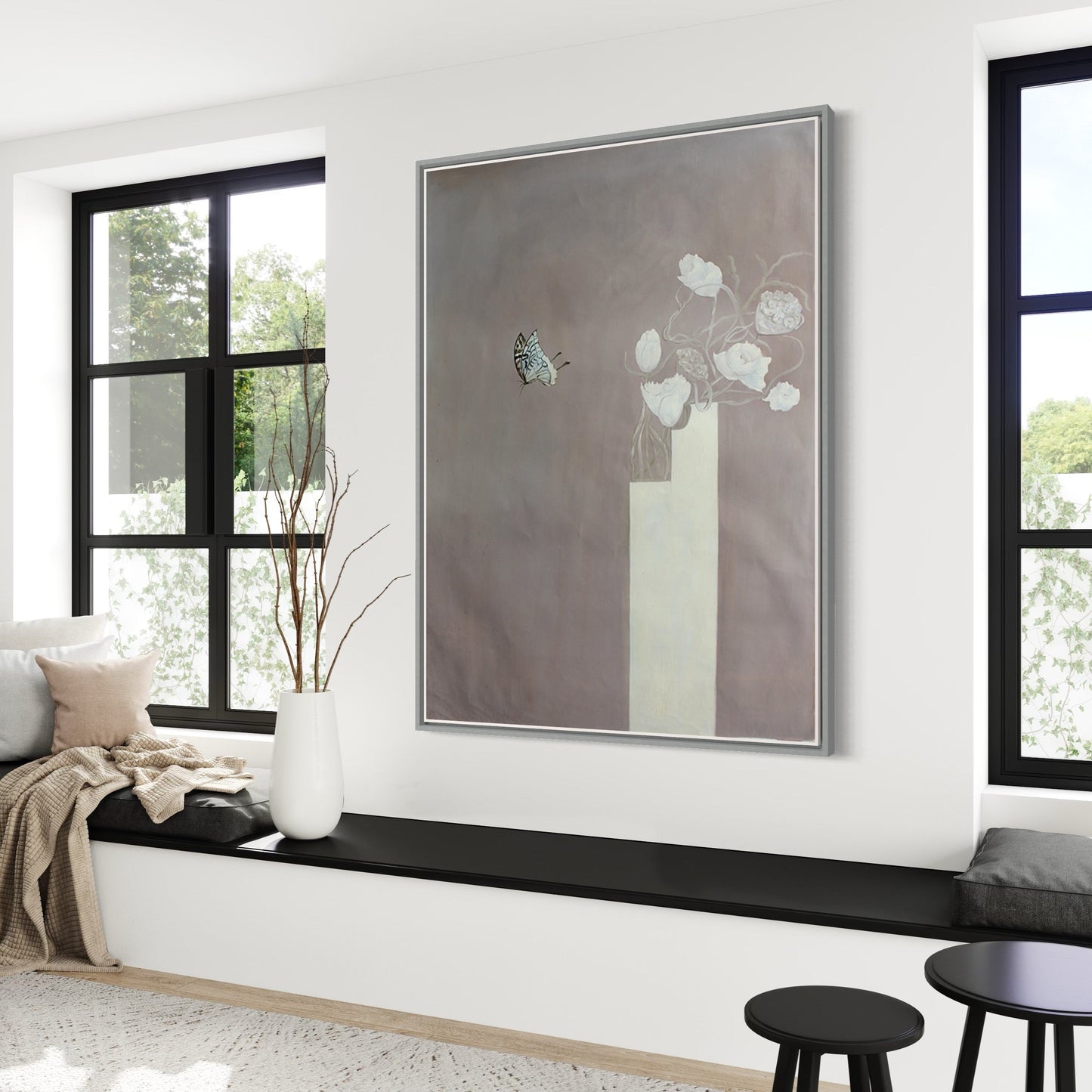 Elegant Floral Still Life with Butterfly in Soft Earth Tones Oil Painting