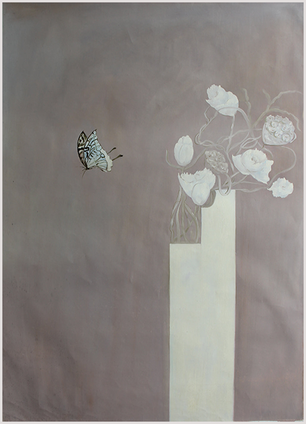 Elegant Floral Still Life with Butterfly in Soft Earth Tones Oil Painting