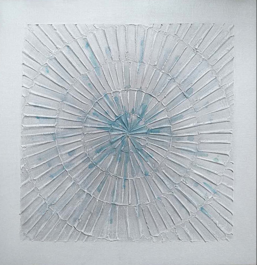 Elegant Abstract Oil Painting of Fireworks in Soft Blue and White Tones