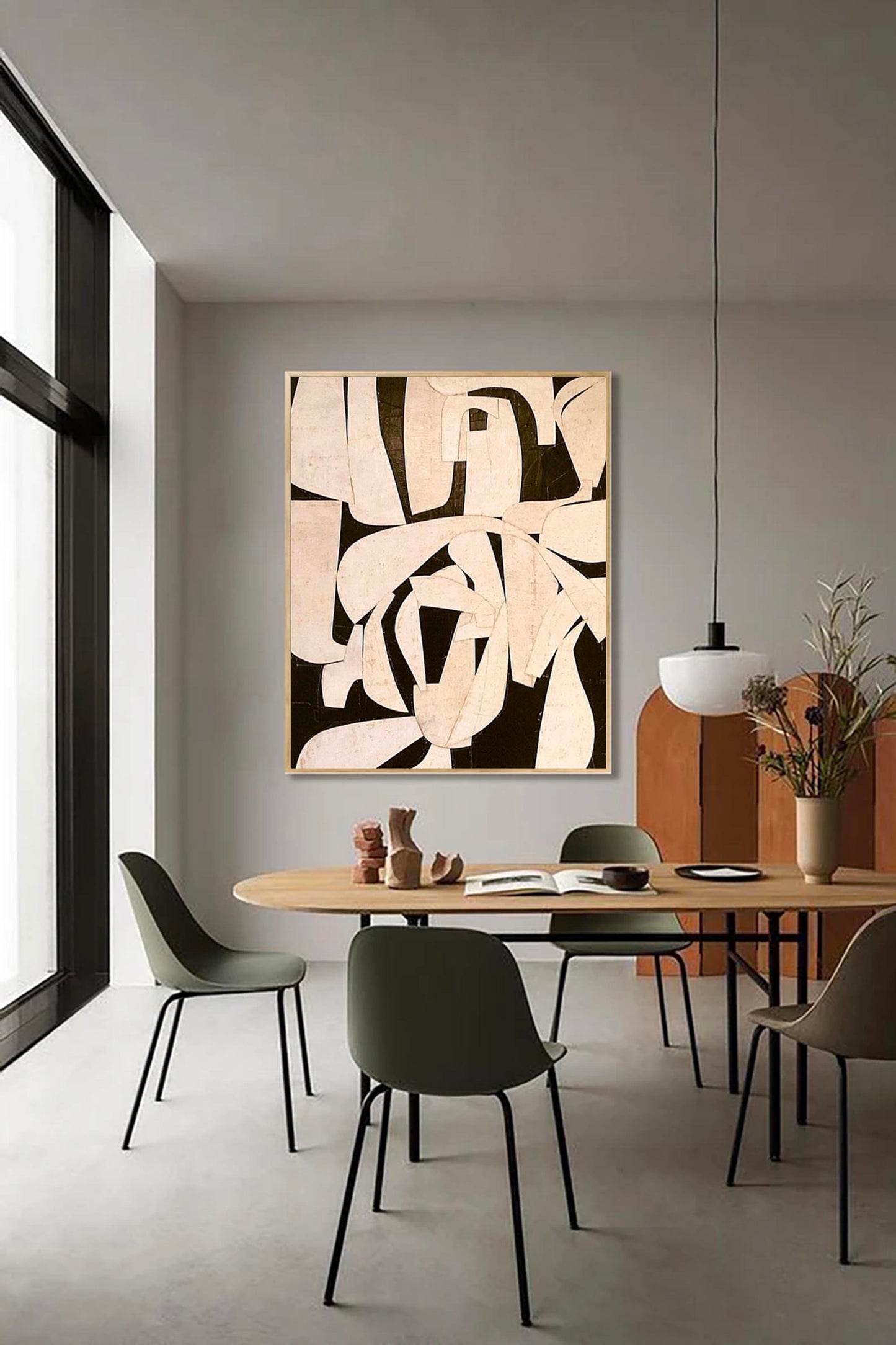 Contemporary Minimalist Black and White Abstract Oil Painting for Modern Décor