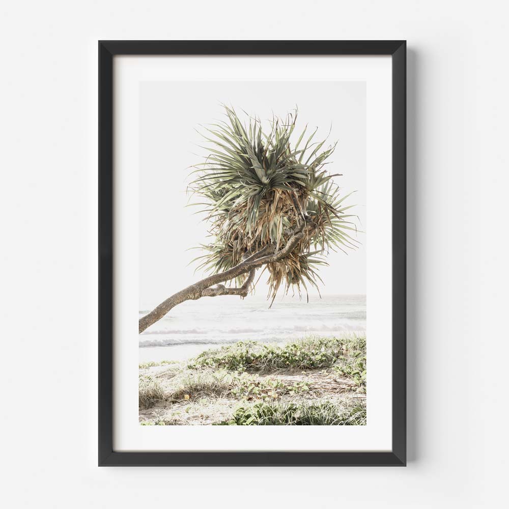 Coastal Serenity: Lush Pandanus Tree Against Tranquil Ocean Landscape Oil Painting