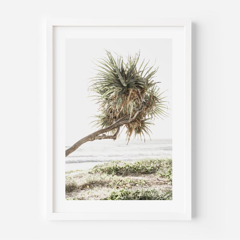 Coastal Serenity: Lush Pandanus Tree Against Tranquil Ocean Landscape Oil Painting