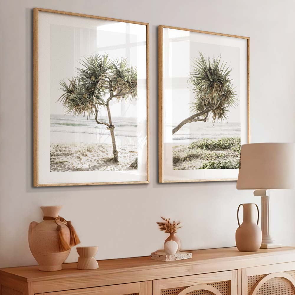 Coastal Serenity: Lush Pandanus Tree Against Tranquil Ocean Landscape Oil Painting