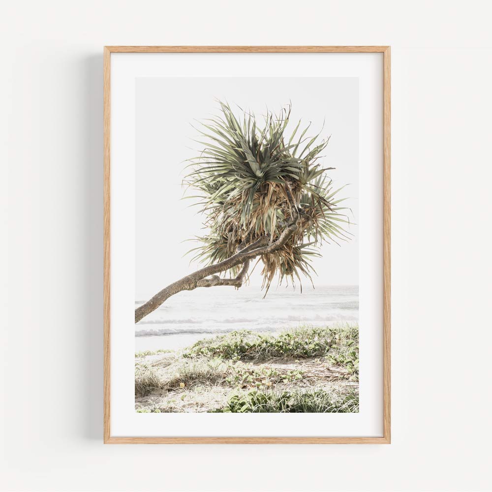 Coastal Serenity: Lush Pandanus Tree Against Tranquil Ocean Landscape Oil Painting