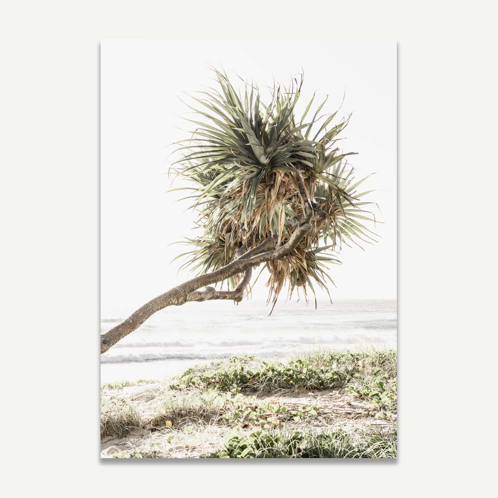 Coastal Serenity: Lush Pandanus Tree Against Tranquil Ocean Landscape Oil Painting