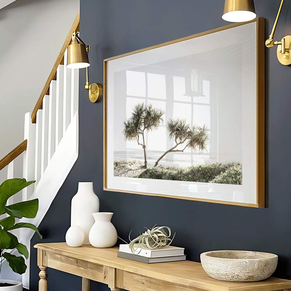 Coastal Serenity: Elegant Oil Painting of Pandanus Trees by the Beach