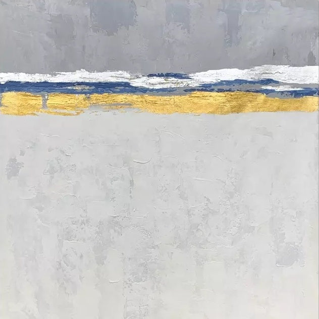 Serene Coastal Abstraction with Gold Accents for Elegant Home Decor