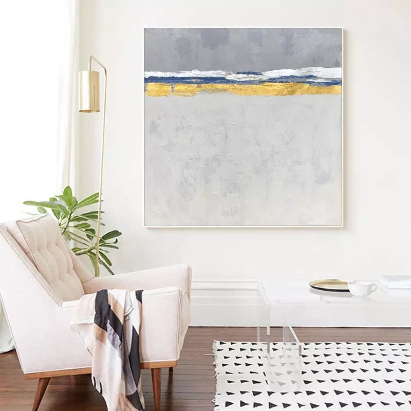 Serene Coastal Abstraction with Gold Accents for Elegant Home Decor