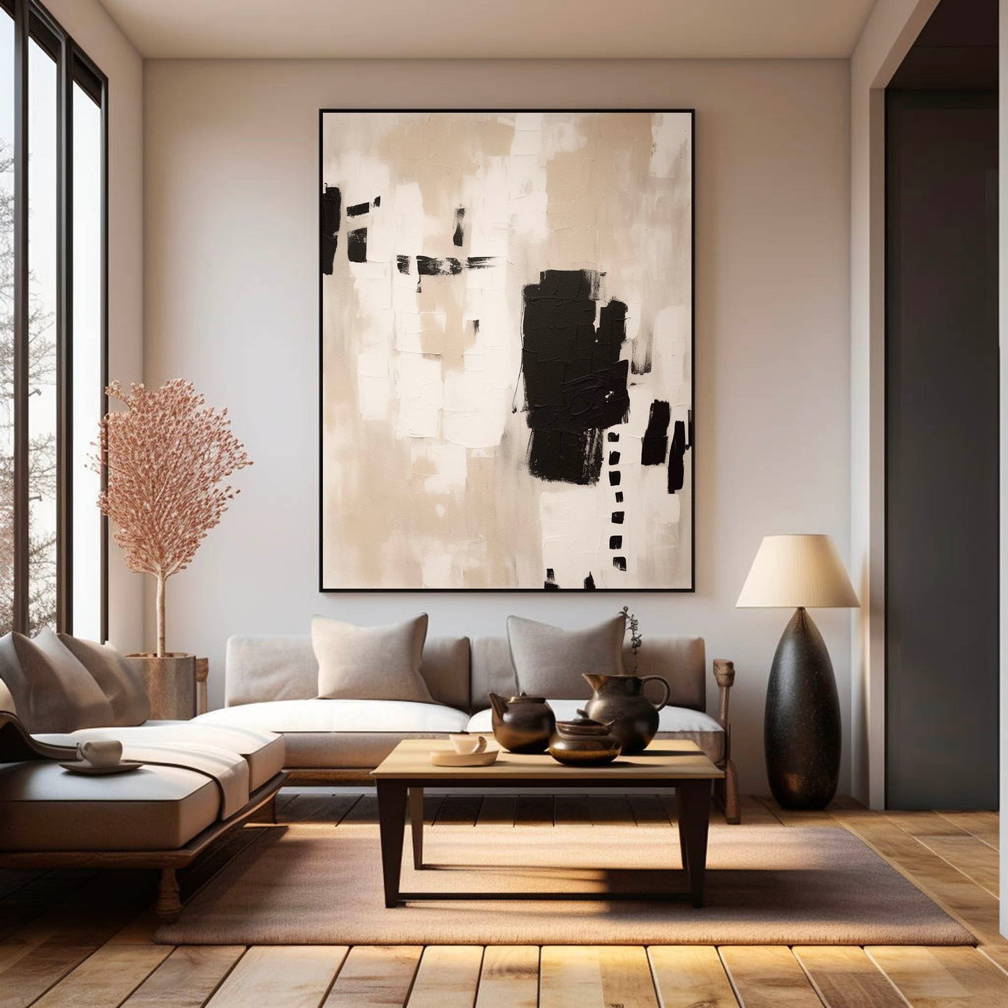 Contemporary Minimalist Black and White Abstract Oil Painting for Modern Interiors