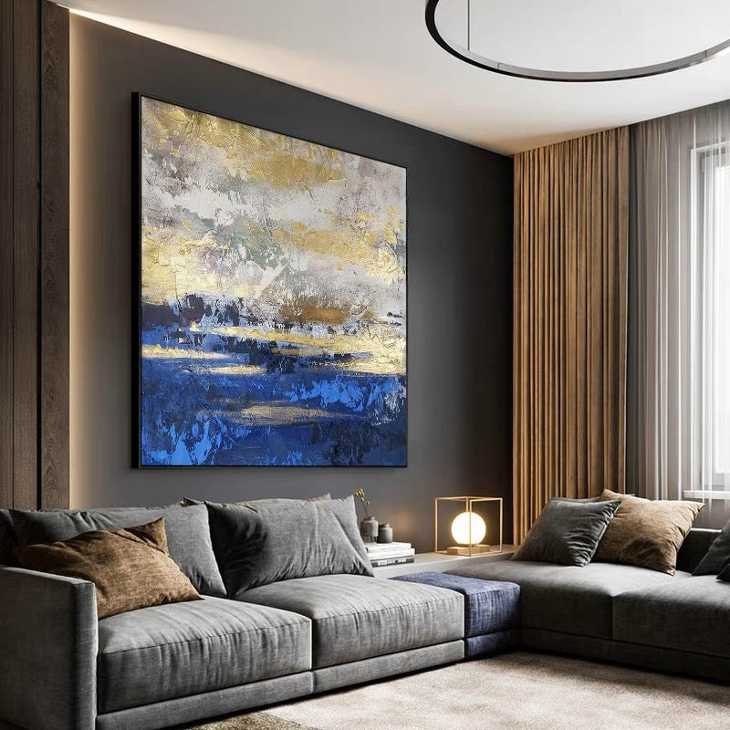 Serene Sea Sunset: Abstract Gold and Blue Oil Painting for Elegant Decor