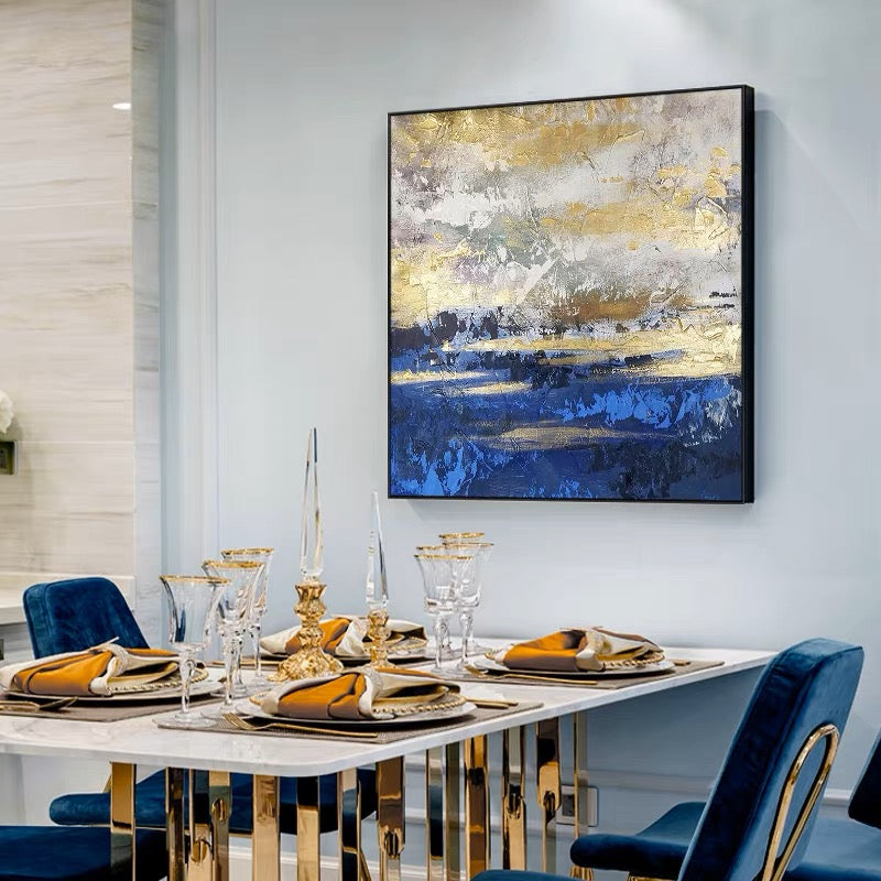 Serene Sea Sunset: Abstract Gold and Blue Oil Painting for Elegant Decor