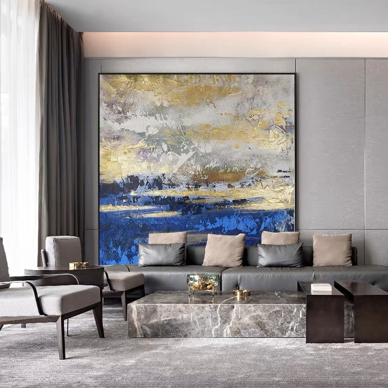 Serene Sea Sunset: Abstract Gold and Blue Oil Painting for Elegant Decor