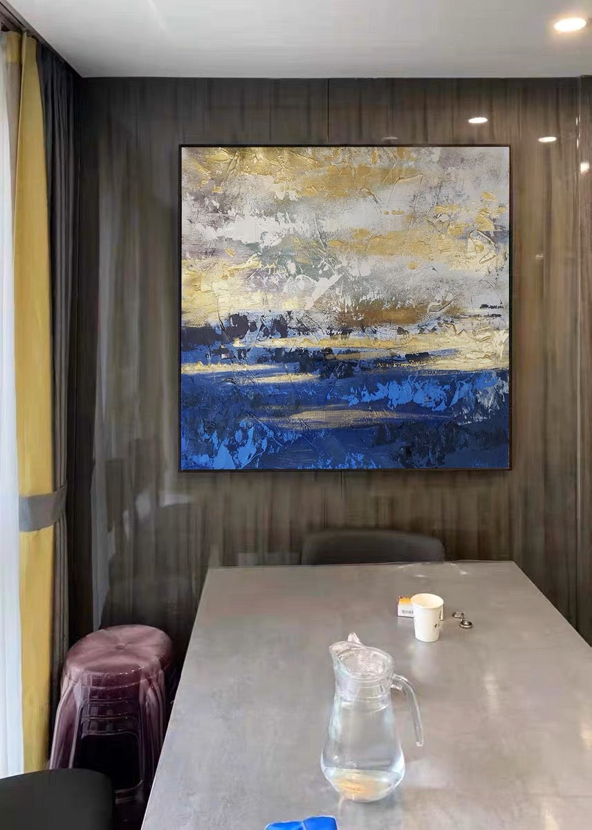Serene Sea Sunset: Abstract Gold and Blue Oil Painting for Elegant Decor