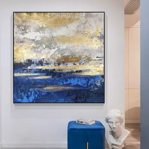 Serene Sea Sunset: Abstract Gold and Blue Oil Painting for Elegant Decor